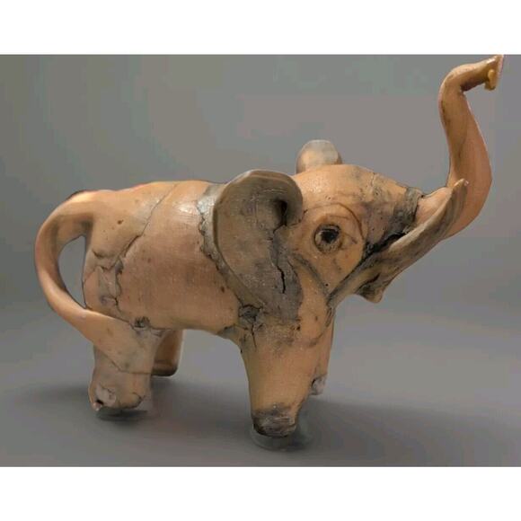 Vintage Hand Crafted Crushed Oyster Shell Marbled Elephant Raised Trunk Figurine - Picture 3 of 4